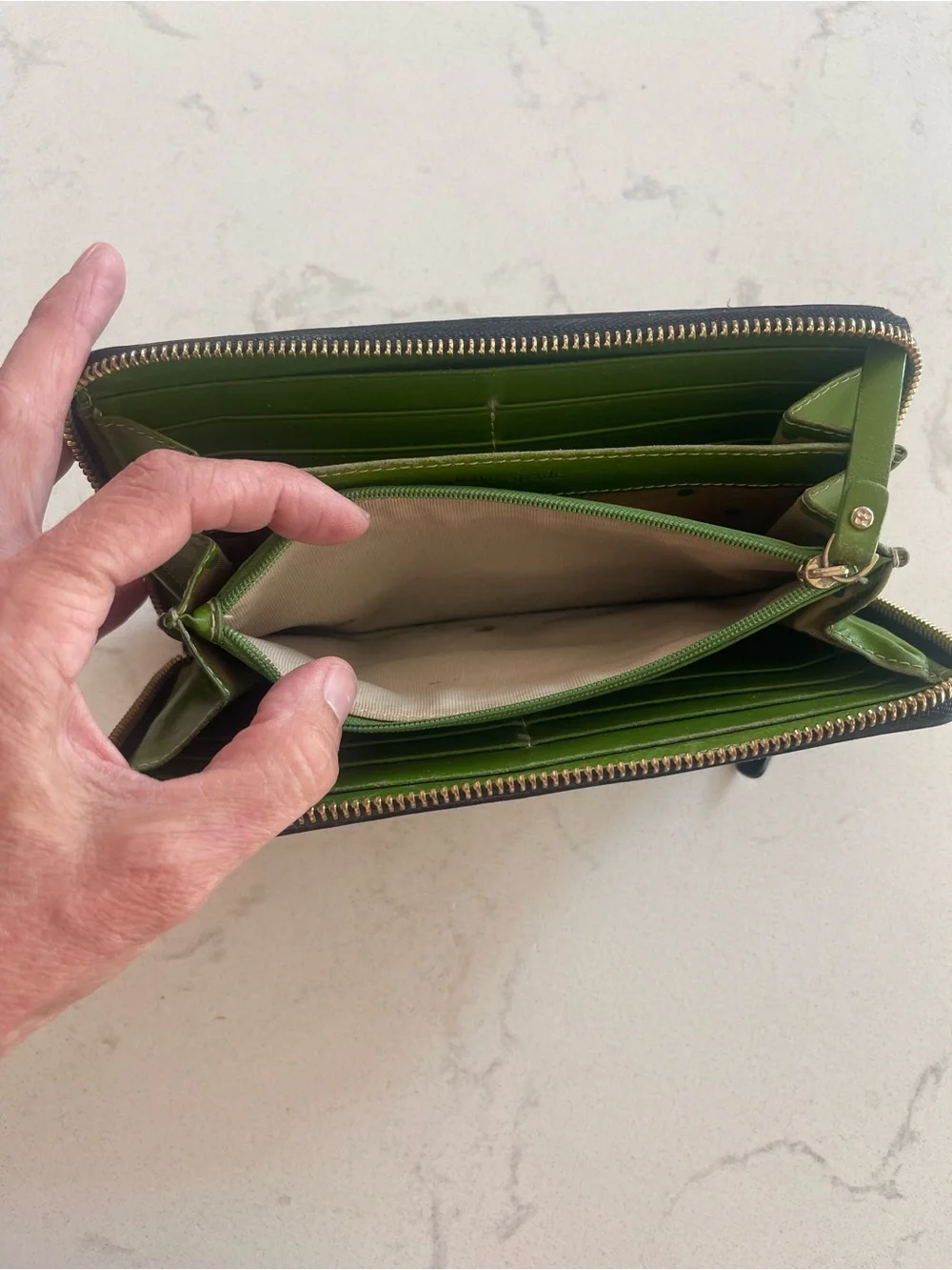 Kate Spade New York Black Leather Zip Around Continental Wallet Green Interior